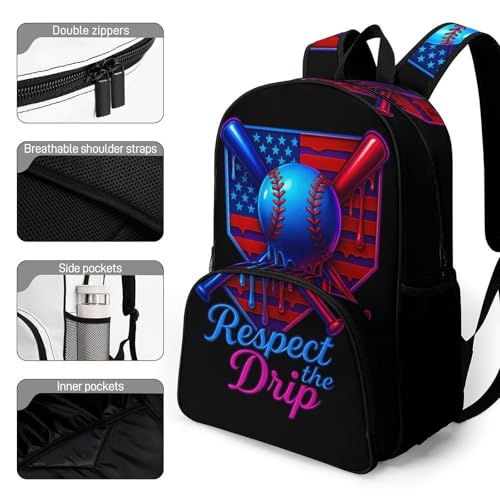 Baseball Respect The Drip American Flag Game Day Backpack Large Capacity Leisure Travel Backpack Outgoing Daypack 17.3X12.5X7.5 Inch3