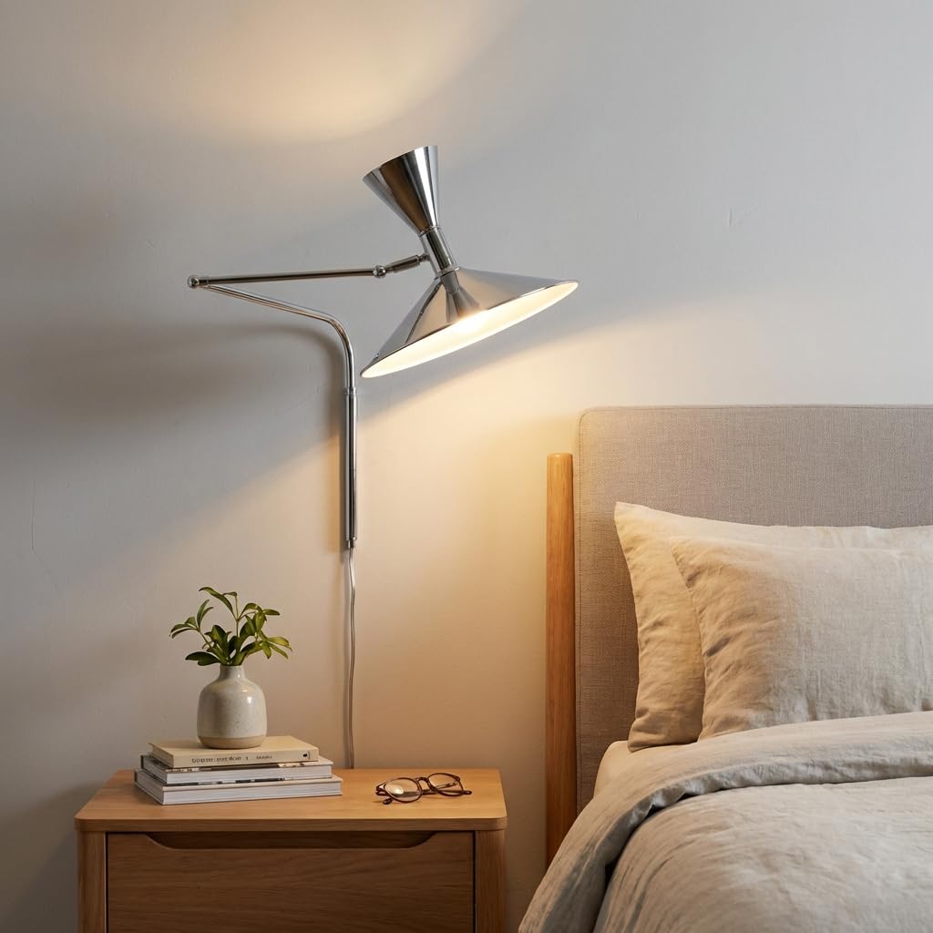 BARCELONA LED Lampada da Parete Industriale Grande 40 cm, Applique a Braccio Articolato, Stile Vintage e Moderno, Paralume in Metallo Cromato Interno Bianco, per Ristorante, Scale e Camera