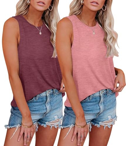 KKJ 2 Pack Womens Tank Tops Workout Tees Summer Clothes Fashion Outfits Crew Neck Sleeveless Loose Fit Fall Casual Shirts