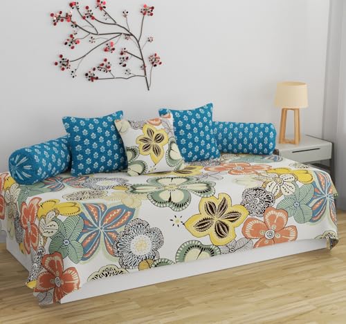 Image of Pure Cotton Designer Printed Standard 6 Pieces Diwan Set Bedsheet Covers (1 Single Bedsheet, 2 Bolster Covers, 3 Cushion Covers, Multicolor Teal Blue and White)