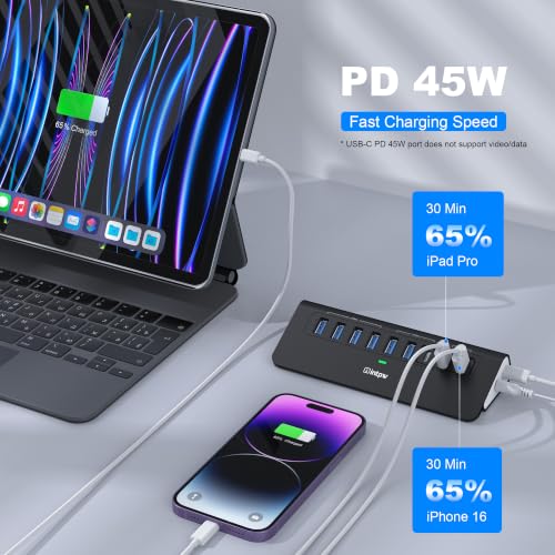 Image of Powered USB Hub 10Gbps,intpw YH6AC 9-Port USB Splitter with USB A /USB C 3.2, 4 USB 3.0, 2 PD 45W Charging Ports, 65W Power Adapter and 3.3FT Cable, Aluminum Black USB Hub for Laptop /PC,iPhone 16 /15