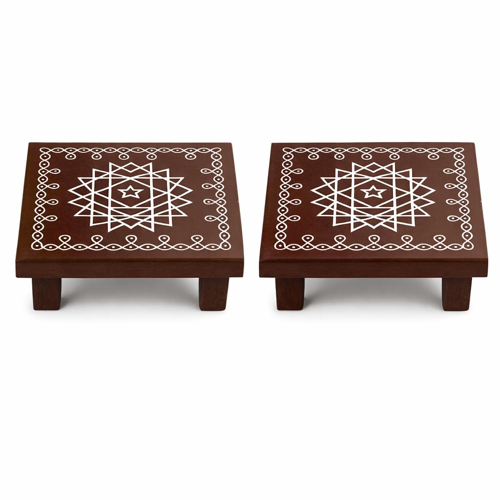 Wooden Pooja Chowki | Small Manai with Kolam Design for Diya, Idols & Pooja Items | Brown Colour Wooden Base for Mandir | 3-inch Mini Pooja Stand (Handcrafted)-Pack of 2 (Brown Colour)-image-2