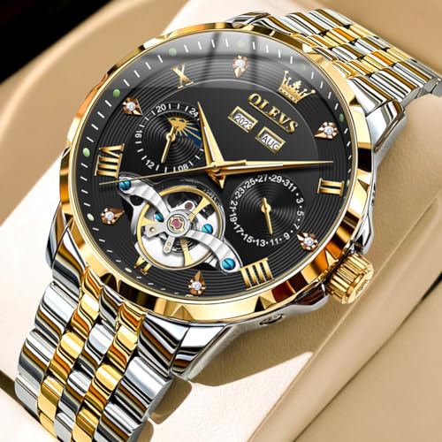 Image of OLEVS Automatic Watches for Men Self Winding Mechanical Skeleton Luxury Dress Stainless Steel Diamond Men Wrist Watches