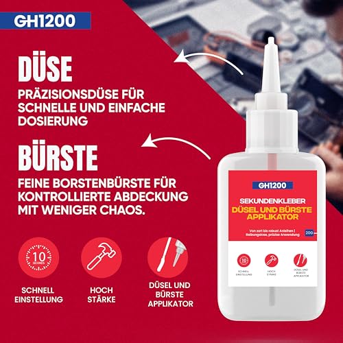 GH1200 (2-in-1) sekundenkleber extra stark mit Pinselapplikator & Düse - Superschneller & stark haftender superkleber - Cyanacrylatkleber super glue für harte Kunststoffe, DIY Handwerk und vieles mehr