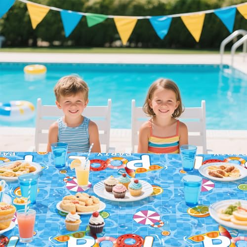 Image of Miucat 3pcs Pool Party Table Cloth Disposable, Waterproof Summer Tablecloth for Beach Swimming Pool Summer Birthday Party Dining Table Decor 54 X 108 Inch