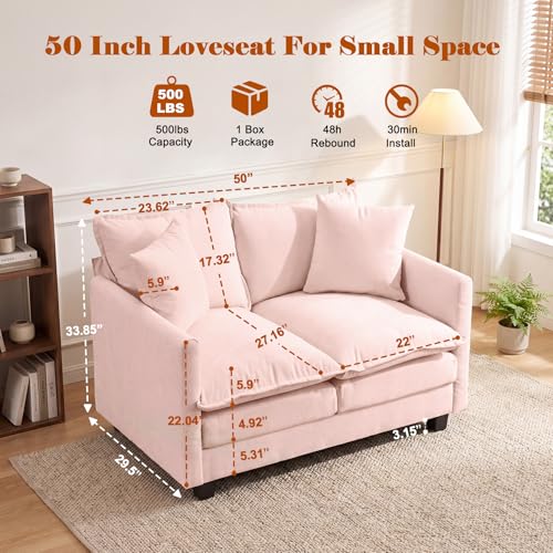 Image of 50'' Loveseat Sofa Cloud Sofa Couch, Modern Loveseats 2 Seat Couch 27 inch Deep Seat with 2 Pillows for Small Spaces Apartment Studio Office Bedroom Living Room, Pink