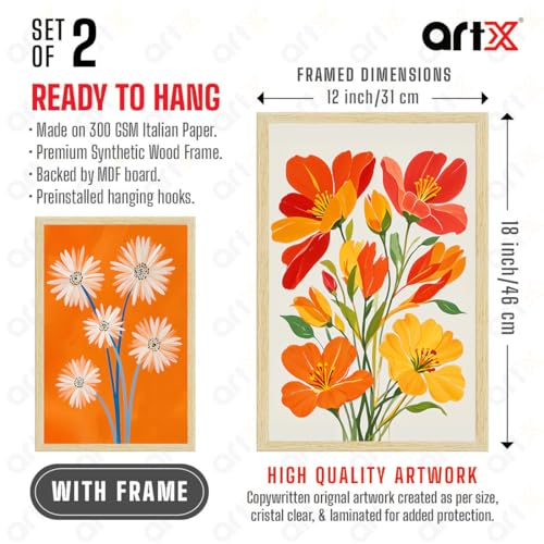 Image of ArtX Paper Floral Art Paintings with Frame for Home Decor, Flowers Wall Painting for Living Room, Multicolor, Natural Wood Color Frames, Set of 2