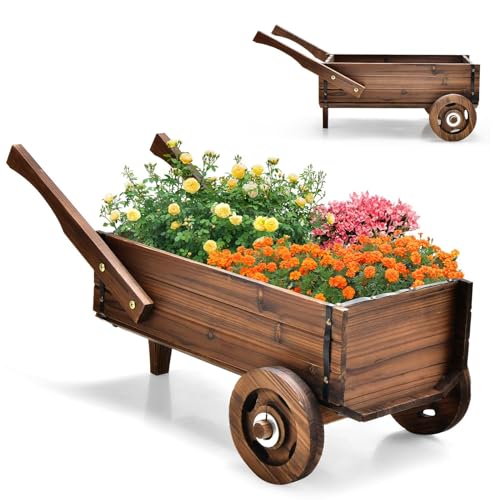 RELAX4LIFE Fioriera da Esterno a Forma di Carrello, Carriola Porta Fiori in Legno, Decorazione Vintage per Giardino, Aiuola da Interno ed Esterno (Modello 2)