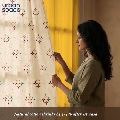 Image of Urban Space Floral 100% Cotton Curtains For Door, Combo Set Of 3 Curtains 7 Feet Long, 60-65% Room Darkening Curtain, Tieback & Eyelets Included With Curtains For Home Decor (Mosaic Yellow, 7 Feet)
