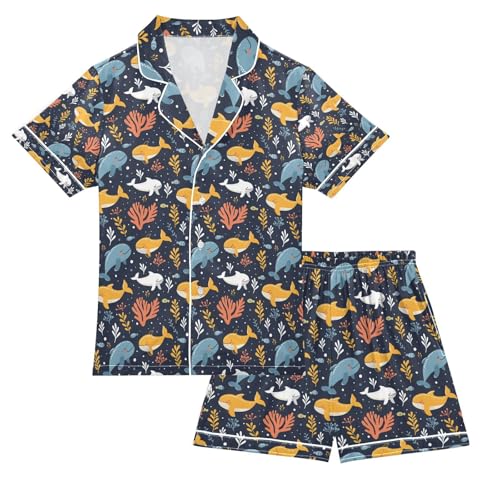 senya Seaweed Whale Cute Satin Summer Pajama Sets Silk Short Sleeve Button Down Sleepwear