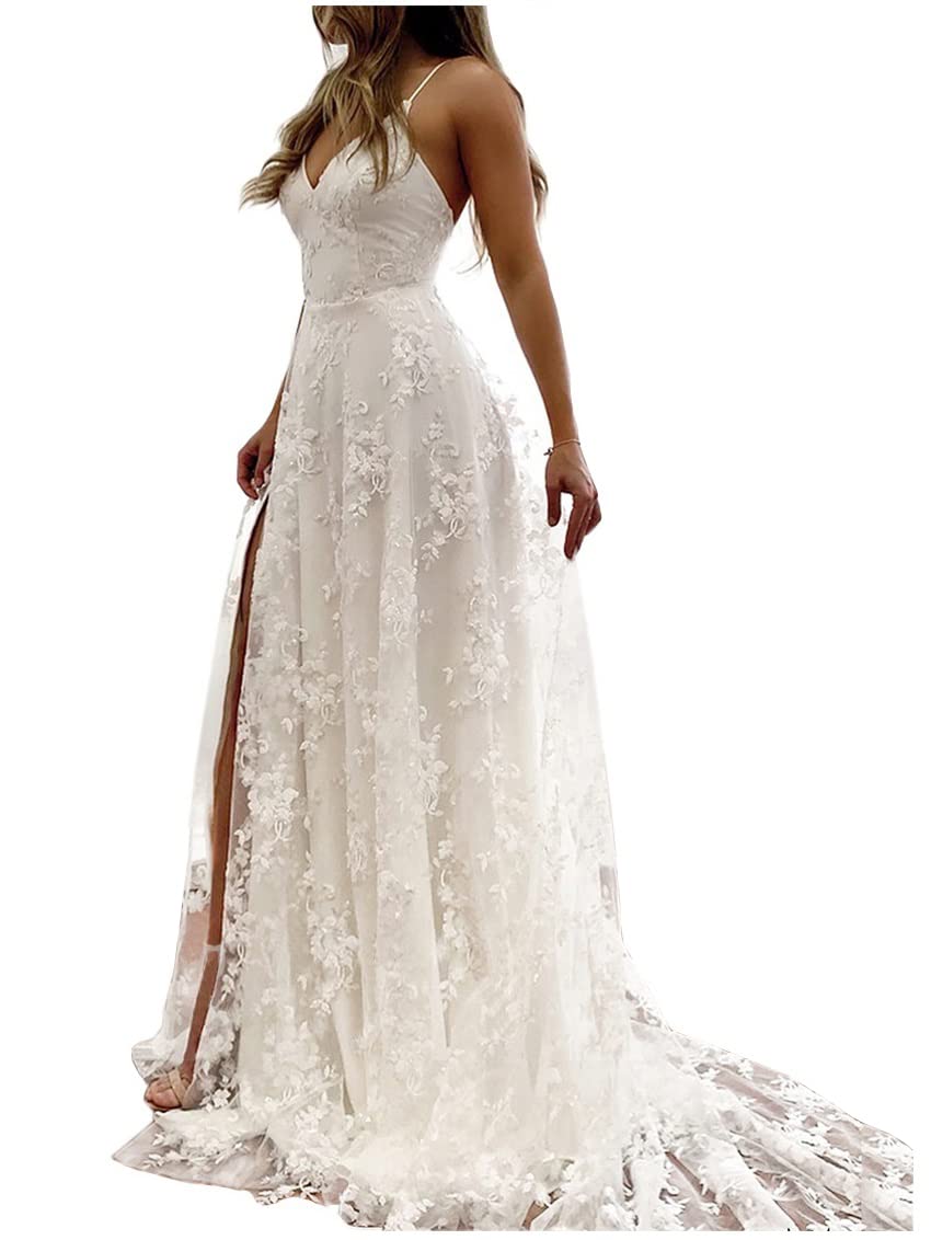 ClothfunWomen's Lace Mermaid Beach Wedding Dresses for Bride 2024 with Sleeves Bridal Gowns Long