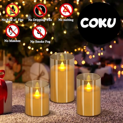 Image of coku Set of 3 Flameless LED Pillar Candles with Remote, Realistic Flickering Moving Flame, Battery Operated, Smokeless Safe Decorative Candles Gift for Home, Wedding, Diwali, Christmas
