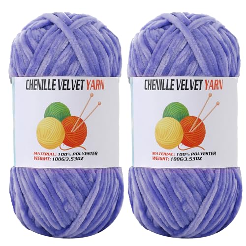 Image of 2 * 100g Velvet Chenille Chunky Yarn, Handcrafts Weaving Soft Chenille Yarn for Crocheting Clearance, Used for Making Baby Yarn Blanket, Clothes, Knitting Creations (Light-Lavender)