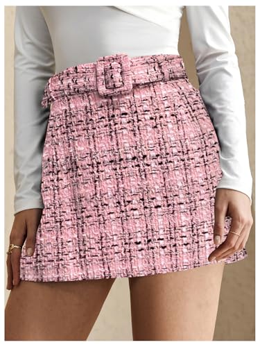 Women's Plaid Mini Skirt High Waisted Business Casual Tweed Skirts with Belt3