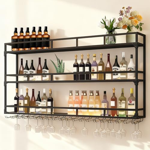 amhricho Botellero Industrial Montado En La Pared, 3 Niveles Estante Multifuncional para Exhibición De Vinos, Estante para Botellas De Vino Montado En La Pared (Black, 100 * 25 * 90CM)