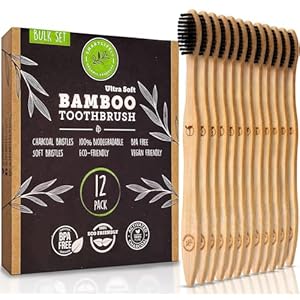 Charcoal Bamboo Toothbrushes – Extra Soft Natural Bristles For Adults & Kids Teeth | Zero Waste Biodegradable Bulk Wooden Tooth Brush Travel Kit | BPA Free, Eco-Friendly Organic Compostable (12 Pack)