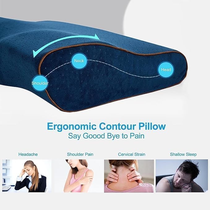 Image of Cervical Contour Memory Foam Pillow for Sleeping,Orthopedic Pillow for Neck Pain, Support for Back,Stomach,Side Sleepers, with Breathable Zip Cover (19X12X4INCH) (White) (Velvet Navy)