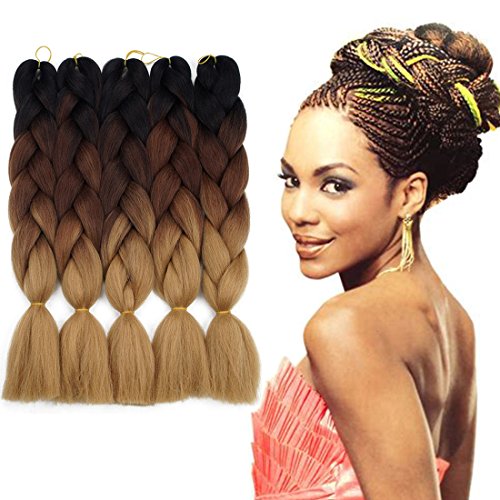 Crochet Braids Ombre Jumbo Braiding Hair Extensions Synthetic Yaki Straight 5 Pieces 2 Tone (Black Dark Light Brown)