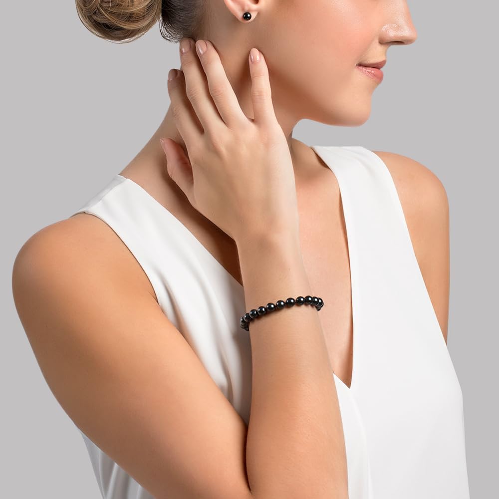 The Pearl Source 14K Gold 7-7.5mm Round Black Japanese Akoya Saltwater Cultured Pearl Bracelet for Women