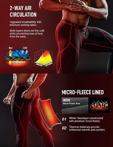 Athlio Men's Thermal Compression Pants, Athletic Running Tights & Sports Leggings, Wintergear Base Layer Bottoms, 3Pack Thermal Pants Black/Black & Red/Charcoal, Large #TOP6