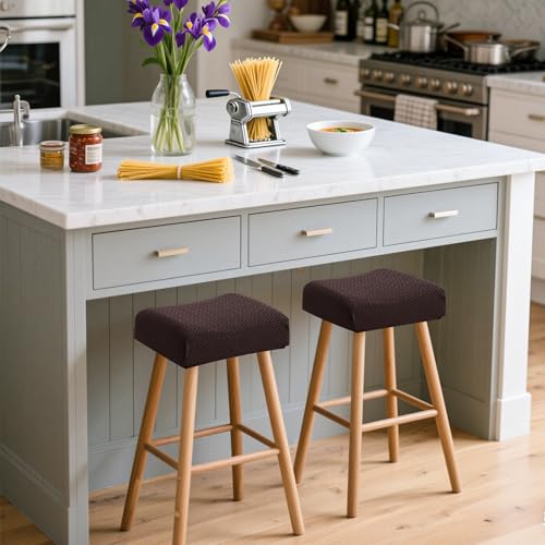 Image of Waterproof Brown Rectangle Bar Stool Covers Set of 2 18x14x4 Stretch Backless Counter Height Barstool Cushion Slipcovers Washable Replacment