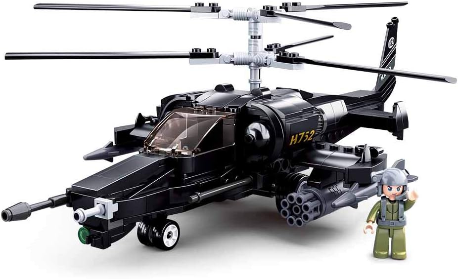 Sluban Ka-50 Black Shark Combat Helicopter Construction Bricks with Rocket Launcher, Rotating Machine Gun, Fire Gun & 1 Army Toy (330 Pieces)