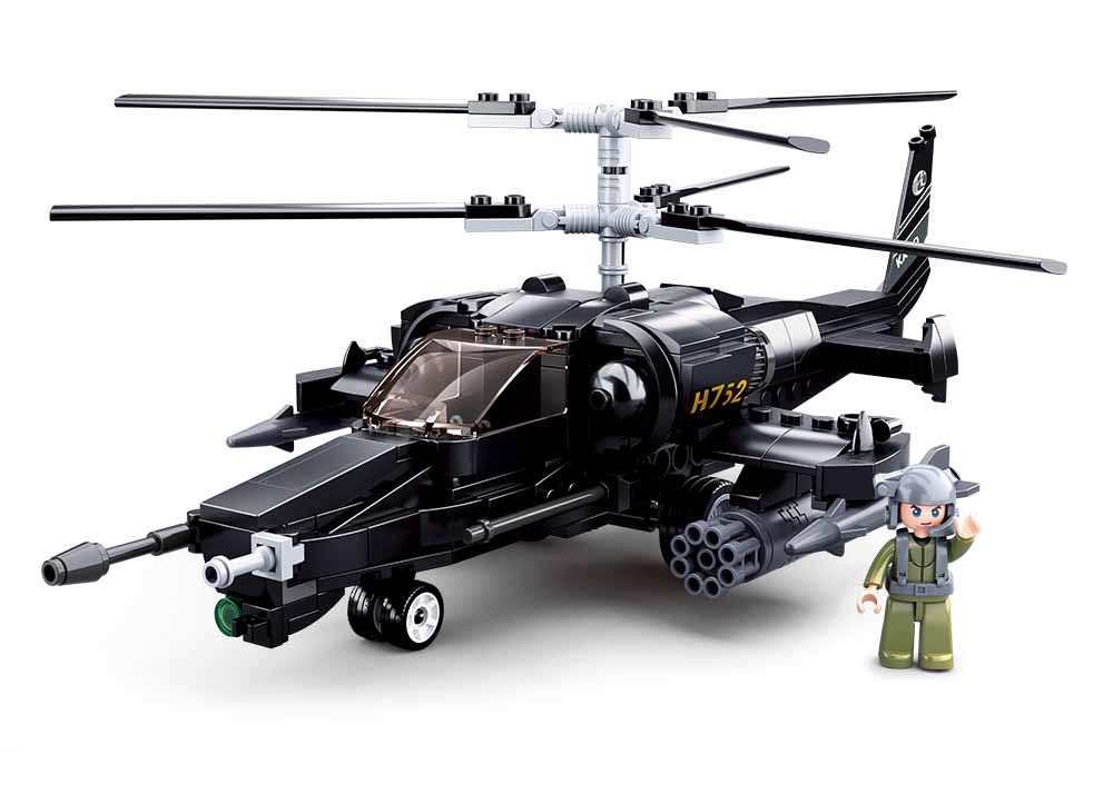 Sluban Ka-50 Black Shark Combat Helicopter Construction Bricks with Rocket Launcher, Rotating Machine Gun, Fire Gun & 1 Army Toy (330 Pieces)