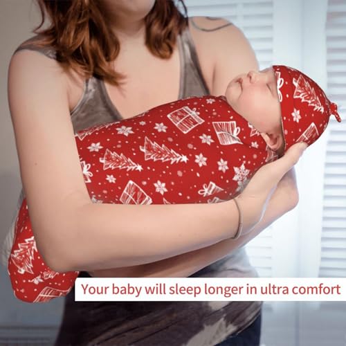 Image of Red Christmas Swaddle Blanket with Beanie Hat Set Newborn Swaddle Wrap Soft Baby Receiving Blankets Baby Swaddle Blanket for Baby Boys and Girls