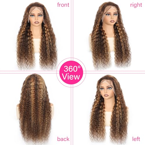 Image of SOEZ 22 Inch Highlight Ombre Lace Front Wig Human Hair 13x4 Deep Wave Lace Front Wigs Human Hair Pre Plucked 4 /27 Honey Blonde Water Wave Wig 180% Density Wet Wavy Curly Glueless Wig for Women