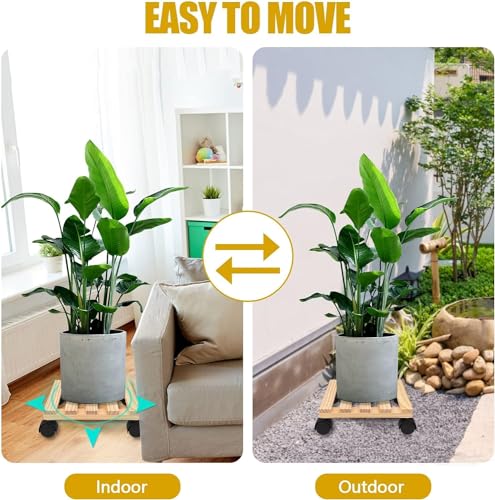 Image of UGAOO Wooden Plant Stand with Wheels | Wooden Plant Stand for Living Room | Wooden Planter Stand with Wheel | Square Rolling Plant Caddy for Indoor Outdoor Pots - 10x10 Inch (Set of 1)