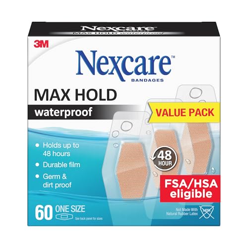 Nexcare Max Hold Waterproof Bandages, Stays On for 48 Hours, Flexible Bandages for Fingers, Knees and Heels - 60 Pack Clear Waterproof Bandages