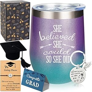 She Believed She Could So She Did, 12 oz Stainless Steel Stemless Wine Tumbler with Keychain, Congratulations, 2022…