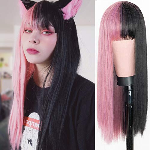 Wigs for Women Middle Part Straight Wig Heat Resistant Synthetic Bob Wigs With Air Bangs Middle Part halloween Cosplay Costume Wig(black Pink)