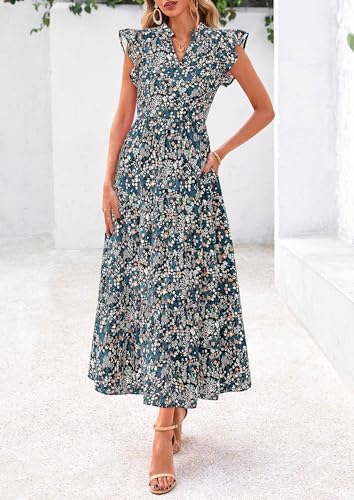 Image of PRETTYGARDEN Women's 2026 Summer Floral Midi Dress Cap Sleeve V Neck Ruffle Long Flowy Boho Casual Beach Vacation Dresses