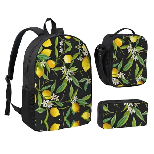 Mochila escolar negra con estampado de limón tres piezas con estuche 2