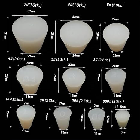 Silicone Plugs 8 mm to 37 mm Silicone Plugs Conical Set 18 Pack a Selection of Stoppers from Size #000 to #7 Used for Sealing Balloon Bottles Also For Tapping Holes During Powder Coating