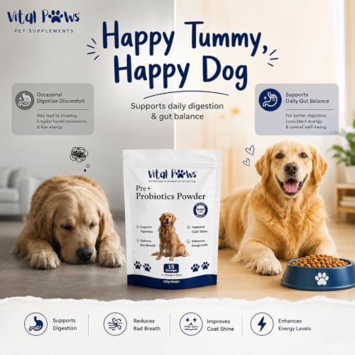 Image of Probiotics for Dogs, Pre + Probiotic Powder Chicken Flavour, 4 Billion CFU Dog Gut Health Supplement, Supports Digestion, Coat Shine, Bad Breath & Daily Food Mixing, 120g