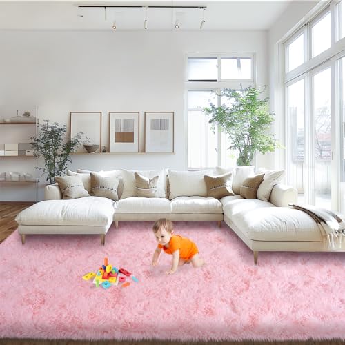 Pink Area Rugs 9x12 Living Room, Large Fluffy Rugs for Bedroom, Soft Carpet Shag Kids Room Rug, Non-Slip Fuzzy Rugs Indoor (9ft x 12ft, Pink)
