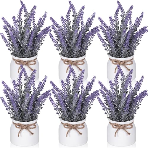 FineCheer 6 Pcs Artificial Lavender Plant in Pots Small Rustic Spring Faux Lavender Potted Plants Purple Bathroom Decor Farmhouse Centerpieces for Kitchen Bedroom Shelves Desk Office