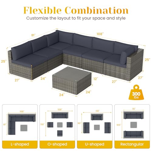 May in Color 7 Pieces Outdoor Patio Furniture Sets with Glass Tea Table, PE Rattan Wicker Patio Conversation Set with Washable Cushions, Outdoor Patio Sectional Sofa Couch, Grey - Image 2