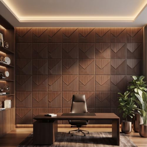 Image of Kayra Decor 3D PVC Wall Panels for Bedroom & Living Room | Plaina Design | Walnut Wood Color | 19.7 x 19.7 Inch | Pack of 12 | 32.28 Sq Ft