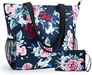 KALIDI Large Floral Tote Bag Beach Bag Water-resistant Handbags Shoulder Bags with Zipper and Accesseries Pouch/Purse for Wowmen Girls Travel School Work Shopping