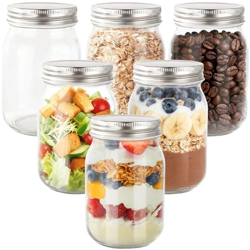 Otauoaea Lot de 6 Mason Jars, 500ml | Bocaux en Verre Conserve | Bocal en Verre avec Couvercle Hermétique | Pot Conservation Verre pour Confiture, Miel, Salade, Overnight Oats