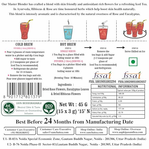 Image of Sancha Hibiscus Rose Iced Tea | 15 Pyramid Bags | Caffeine-Free Herbal Tisane | Sweet & Tart | No Added Sugar | Not Instant