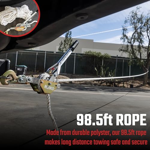 Image of NEIKO 02250A Rope Puller, 3 /4-Ton (1,500 lbs) Pulling Capacity, 98Ft, 2 Hook, Heavy Duty Power Cable Come Along Tool with Dual Gears, Hand Winch Cable, Automotive Hoist Winch Puller, Recovery Gear