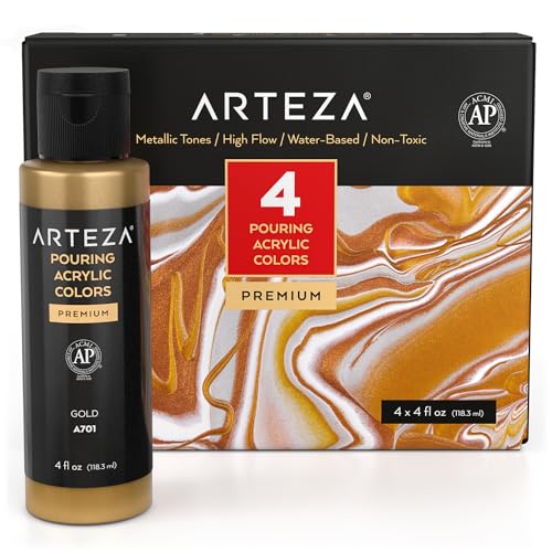 ARTEZA Juego de pintura acrílica para pouring, botes de 4 oz, set de 4 colores metálicos, no...
