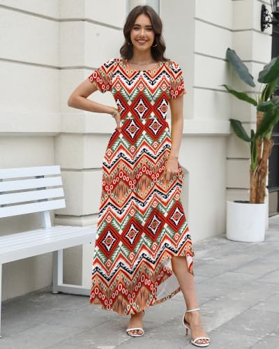 Image of COSSEN Women's Crew Neck Short Sleeve Maxi Dress with Pockets Casual Loose Swing for Wedding Guest Beach Vacation