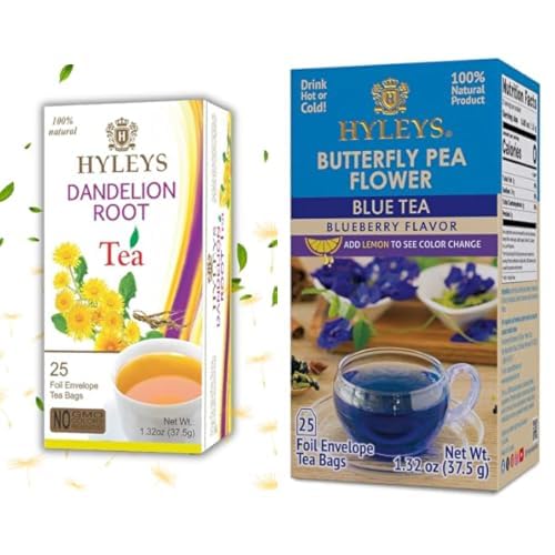Hyleys Dandelion Root & Green Tea with Milk Thistle and Licorice Root Herbal Detox Blend with Butterfly Pea Flower Tea Blue Tea with Blueberry Flavor