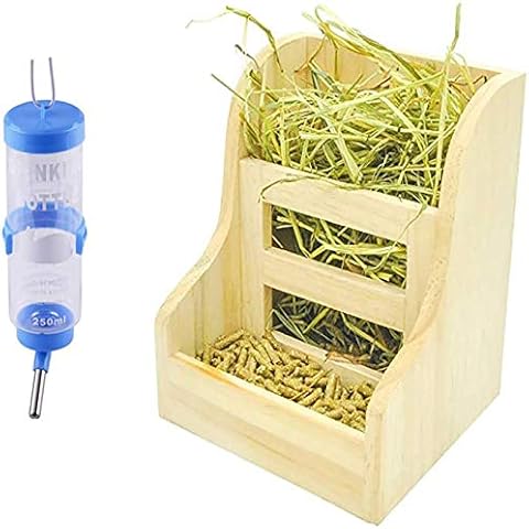 PINVNBY Rabbit Hay Feeders Rack Bunny Wooden Cage Food Rack Bowl with Hamster Water Bottle for Small Animal Supplies Chinchillas Guinea Pig 2 PCS Cover