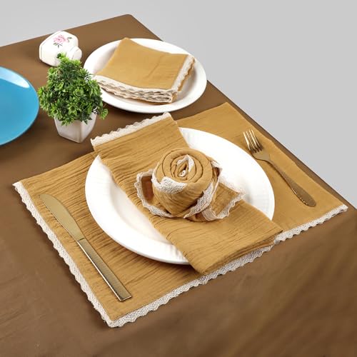 Image of FINGERCRAFT Cloth Napkins Set of 8, 20x20 Inch, Soft Cotton Muslin Dinner Napkins with Lace Edge, Reusable Washable Table Napkins for Wedding, Party, Dining & Home Decor (Gold)